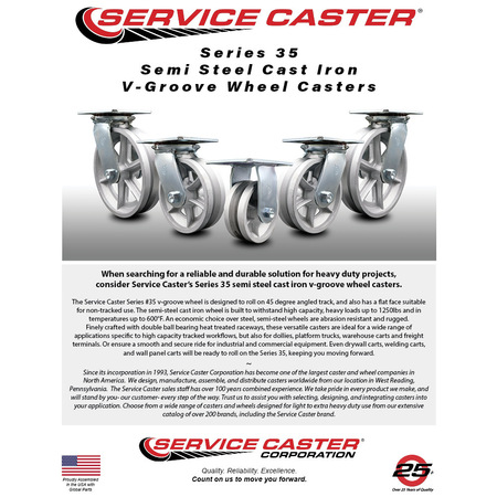 Service Caster 8 Inch V Groove Semi Steel Swivel Caster Set with Ball Bearings 2 Brakes SCC SCC-35S820-VGB-2-SLB-2
